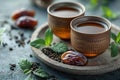 Digital image of arabic dates and tea on a concrete background, high quality, high resolution Royalty Free Stock Photo