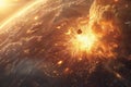 Digital image of  asteroid hitting the earth, causing it to break up and be destroyed in an explosion of fire. Royalty Free Stock Photo