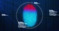 Digital image of biometric fingerprint scanner and data processing against blue background