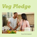 Digital image of biracial girlfriend feeding fruit to boyfriend in kitchen with veg pledge text