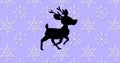 Digital image of black silhouette of reindeers running against snowflakes moving