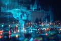 A digital image capturing the bustling city landscape at night, filled with a plethora of dazzling lights and glowing skyscrapers Royalty Free Stock Photo