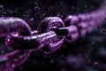 Digital image of of a chain made from binary code, with a purple color on a black background, in the cyberpunk style, low pol