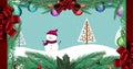 Digital image of christmas decorations forming aa frame against snow falling over snowman Royalty Free Stock Photo