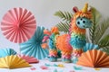 Digital image of colorful pinatas stand next to colorful paper fans