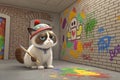 digital image of a 3d model of a whimsical, quirk, grumpy cat, dressed up and working as a painter, sorrowed by three walls made