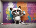 digital image of a 3d model of a whimsical, quirk, grumpy cat, dressed up and working as a painter, sorrowed by three walls made
