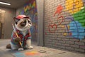 digital image of a 3d model of a whimsical, quirk, grumpy cat, dressed up and working as a painter, sorrowed by three walls made