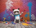 digital image of a 3d model of a whimsical, quirk, grumpy cat, dressed up and working as a painter, sorrowed by three walls made