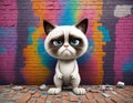 digital image of a 3d model of a whimsical, quirk, grumpy cat, dressed up and working as a painter, sorrowed by three walls made