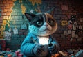 digital image of a 3d model of a whimsical, quirk, grumpy cat, dressed up and working as a painter, sorrowed by three walls made