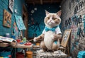 digital image of a 3d model of a whimsical, quirk, grumpy cat, dressed up and working as a painter, sorrowed by three walls made