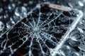 Digital image of the delicate spider web pattern on the screen of the mobile phone is broken, with a black background. it is Royalty Free Stock Photo