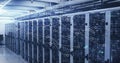 Digital image depicts math problems and data flow in a server room network concept.