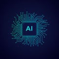 A digital image depicts a microchip design, centralized within a dark blue background.