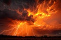 Digital image of  dramatic sky with lightning and dark clouds, orange lighting, thunderstorm, lightnings, orange and black ba Royalty Free Stock Photo