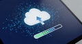 Data Transfer Process on Mobile Device Screen with Cloud Icon and Progress Bar Displaying Completion Status in Blue Royalty Free Stock Photo