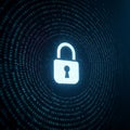 A digital image featuring a glowing padlock symbol in the center. Surrounding the Royalty Free Stock Photo