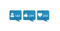 Digital image of follower, like and heart icons and increasing numbers inside blue chat boxes on a 
