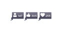 Digital image of follower, like and heart icons and numbers increasing inside grey chat boxes on a 