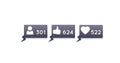 Digital image of follower, like and heart icons and numbers increasing inside grey chat boxes on a 
