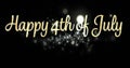 Digital image of a gold cursive Happy 4th of July greeting and silver bokeh lights moving in the scr Royalty Free Stock Photo