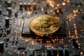 Digital image of golden bitcoin coin on top of an advanced computer circuit board, with soft lighting highlighting the intri