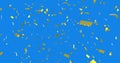 Digital image of golden confetti falling over abstract geometric shapes against blue background Royalty Free Stock Photo