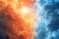 Digital image of  gradient background with an orange and blue sky, featuring two contrasting clouds in the center of the comp Royalty Free Stock Photo