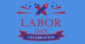 Digital image of happy labor text and fireworks against blue background