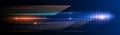 Digital image of light rays, stripes lines with blue light, speed and motion blur over dark blue background