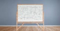 Digital image of mathematical equations and figures appearing in a white board with a wood frame in