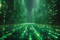 Digital image of digital matrix background with green binary code and light rays, creating an abstract digital space for text Royalty Free Stock Photo