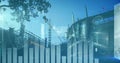 Digital image of moving graphs, coding and binary data, dna helix over construction site Royalty Free Stock Photo