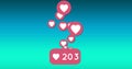 Digital image of moving heart icons above increasing numbers and heart icon inside a pink box on a b