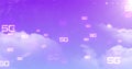 Digital image of multiple 5g text floating against clouds in purple sky
