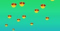 Digital image of multiple heart eyes face emojis floating against green gradient background