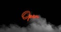 Digital image of neon orange open text sign over smoke effect against black background Royalty Free Stock Photo