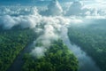 Digital image of panoramic view of the amazon rainforest and river, with white clouds in the sky, captured Royalty Free Stock Photo