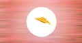 Digital image of paper plane icon over white circular banner against striped pink background Royalty Free Stock Photo