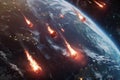 Digital image of photo of multiple glowing red meteorites approaching earth, earth in the background, space view Royalty Free Stock Photo
