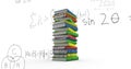 Digital image of a pile of colorful books while mathematical equations and figures move in the scree