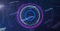 Digital image of purple round scanner against binary coding data processing on blue background Royalty Free Stock Photo