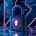 A digital image representing cybersecurity. A padlock composed of binary code and circuitry signifies data protection Royalty Free Stock Photo