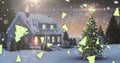 Digital image of shooting star and multiple christmas tree icons falling against snow falling