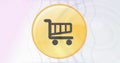 Digital image of shopping cart icon on yellow banner over concentric waves on white background Royalty Free Stock Photo