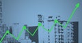 Digital image of statistical data processing over tall buildings against blue background