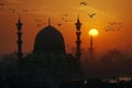 Digital image of sun setting over a mosque showing birds flying near it