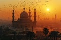 Digital image of sun setting over a mosque showing birds flying near it
