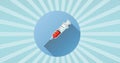 Digital image of syringe icon over rund banner against blue radial background